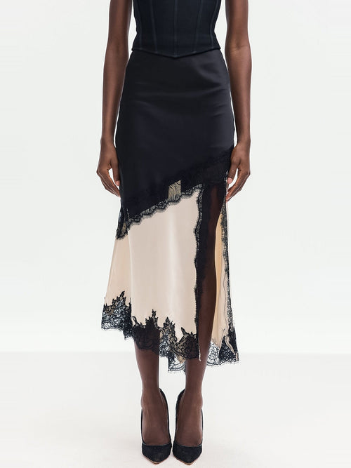 Bess Lace-Trimmed Asymmetric Satin Midi Skirt - Black and Cream — Svelte Chic