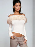Debi Faux Fur Trim Off-Shoulder Ribbed Top - Ivory — Svelte Chic