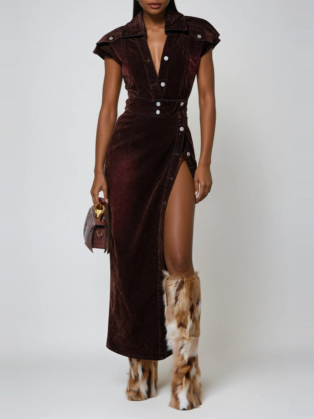 Dorte Shirt Collar Plunge High Split Maxi Dress - Burgundy — Svelte Chic