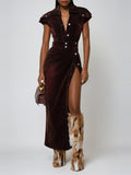 Dorte Shirt Collar Plunge High Split Maxi Dress - Burgundy — Svelte Chic