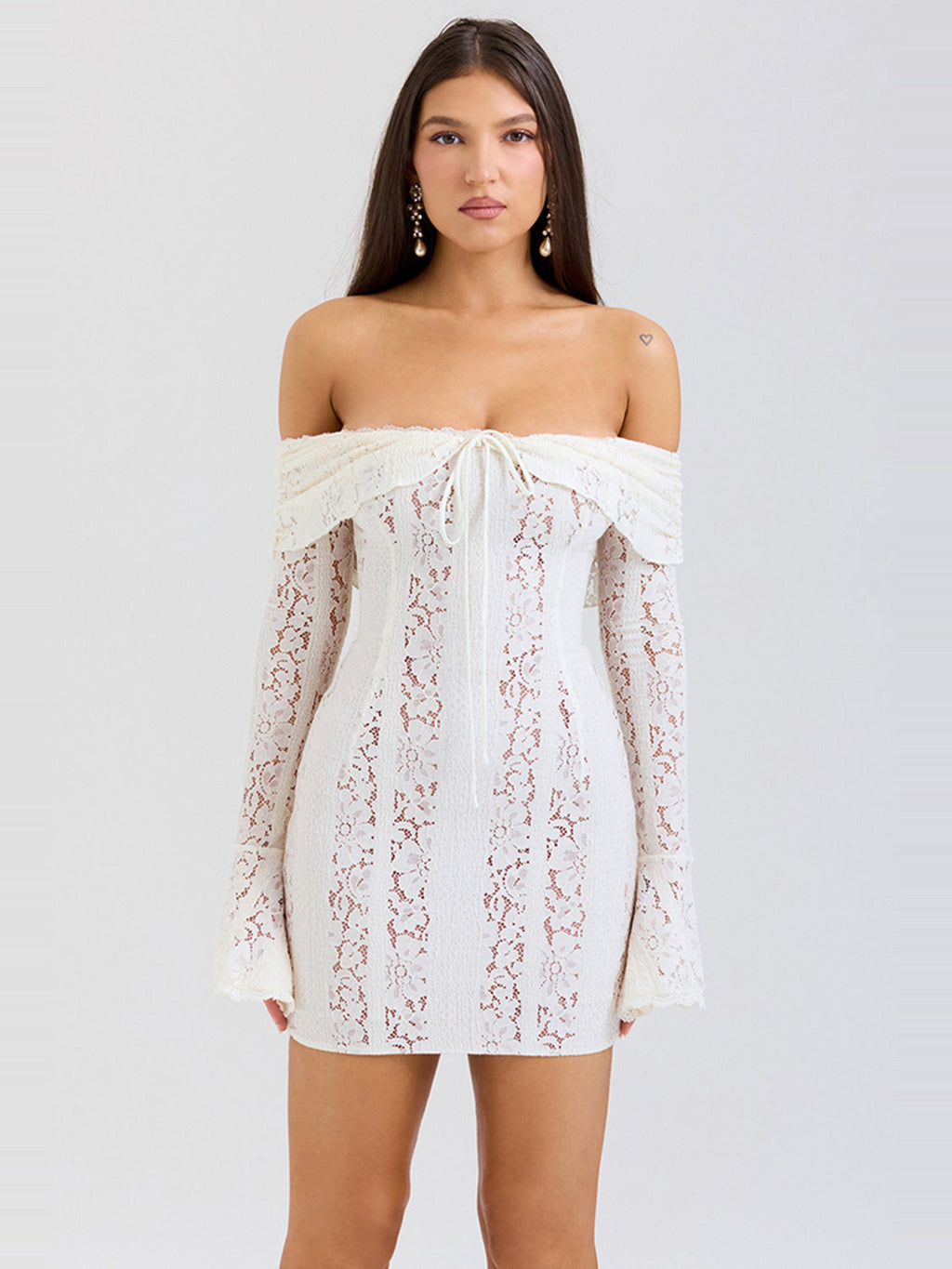 Sadie Floral Lace Off Shoulder Mini Dress in Cream — Svelte Chic