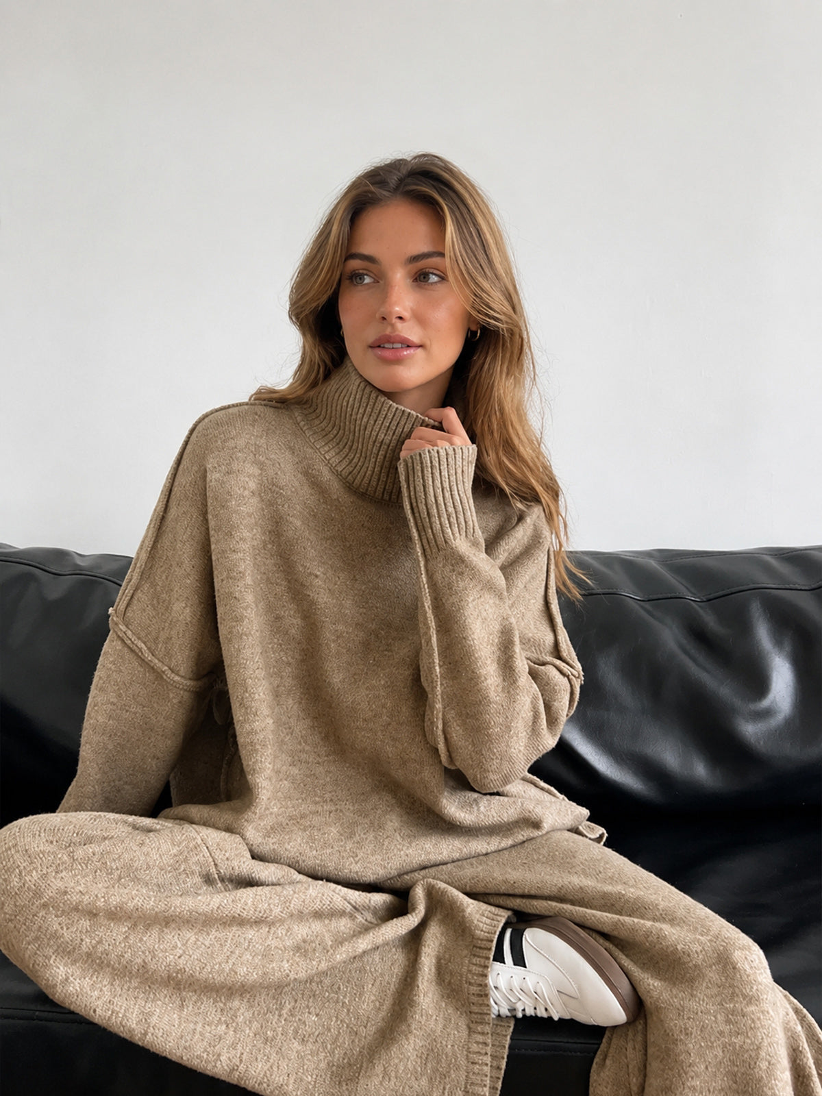 Turtleneck Oversized Knit Top and Pants Set in Camel — Svelte Chic