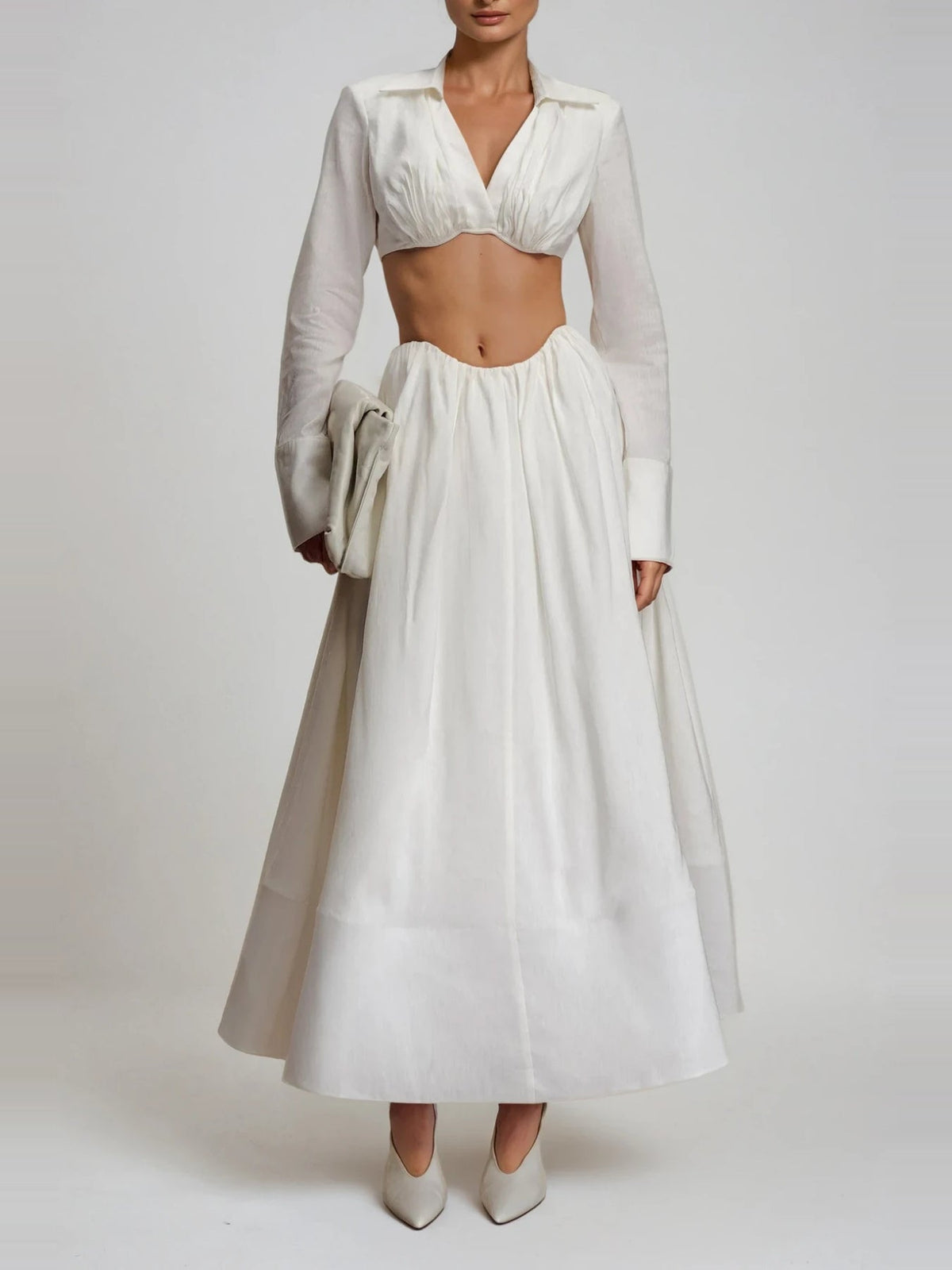 Diklah Collared Crop Top and Flared Midi Skirt Set - White — Svelte Chic