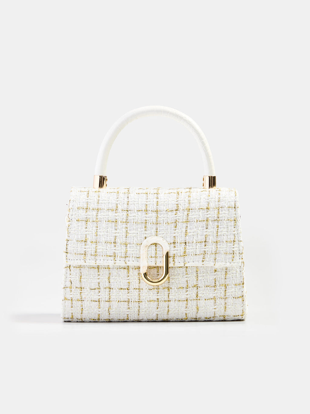 Tweed Check Top Handle Handbag - Beige — Svelte Chic