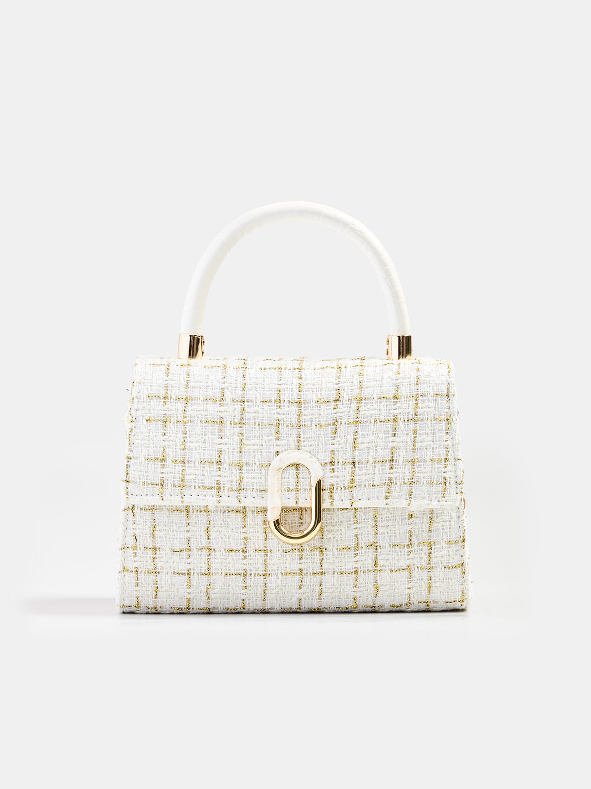 Tweed Check Top Handle Handbag - Beige — Svelte Chic