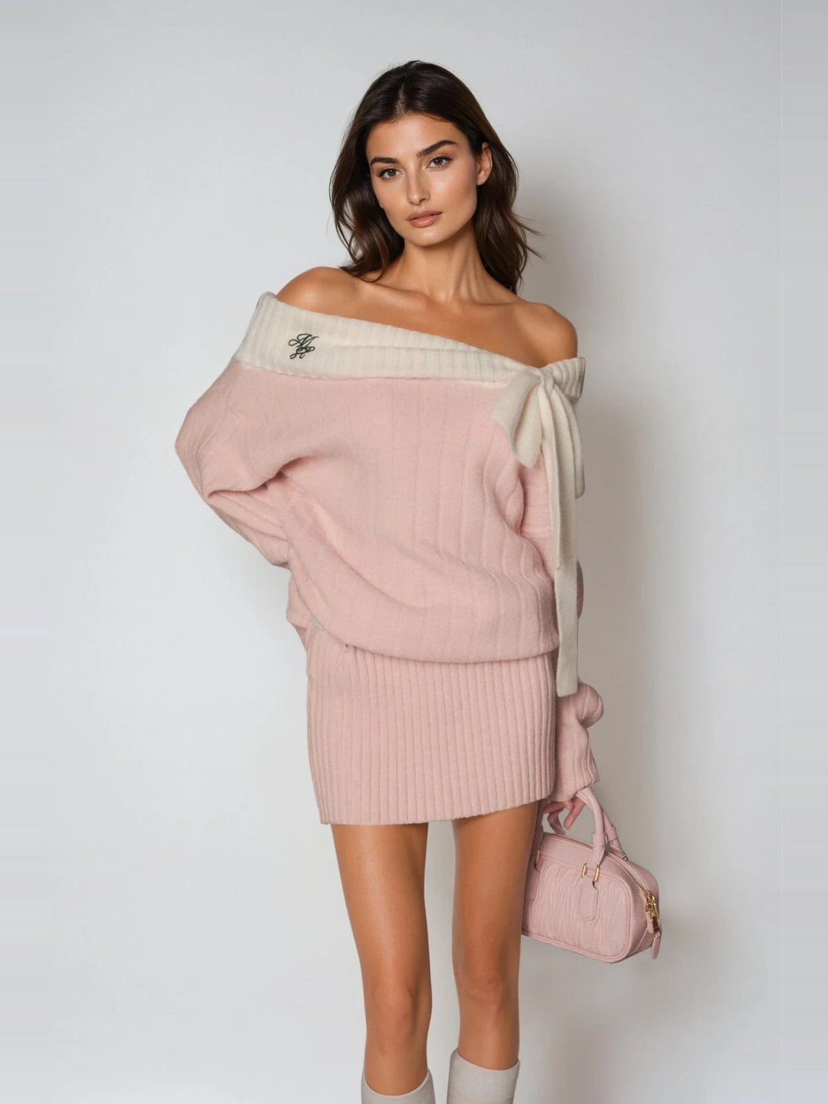 Devi Off-Shoulder Contrast Band Knit Mini Dress in Pink — Svelte Chic