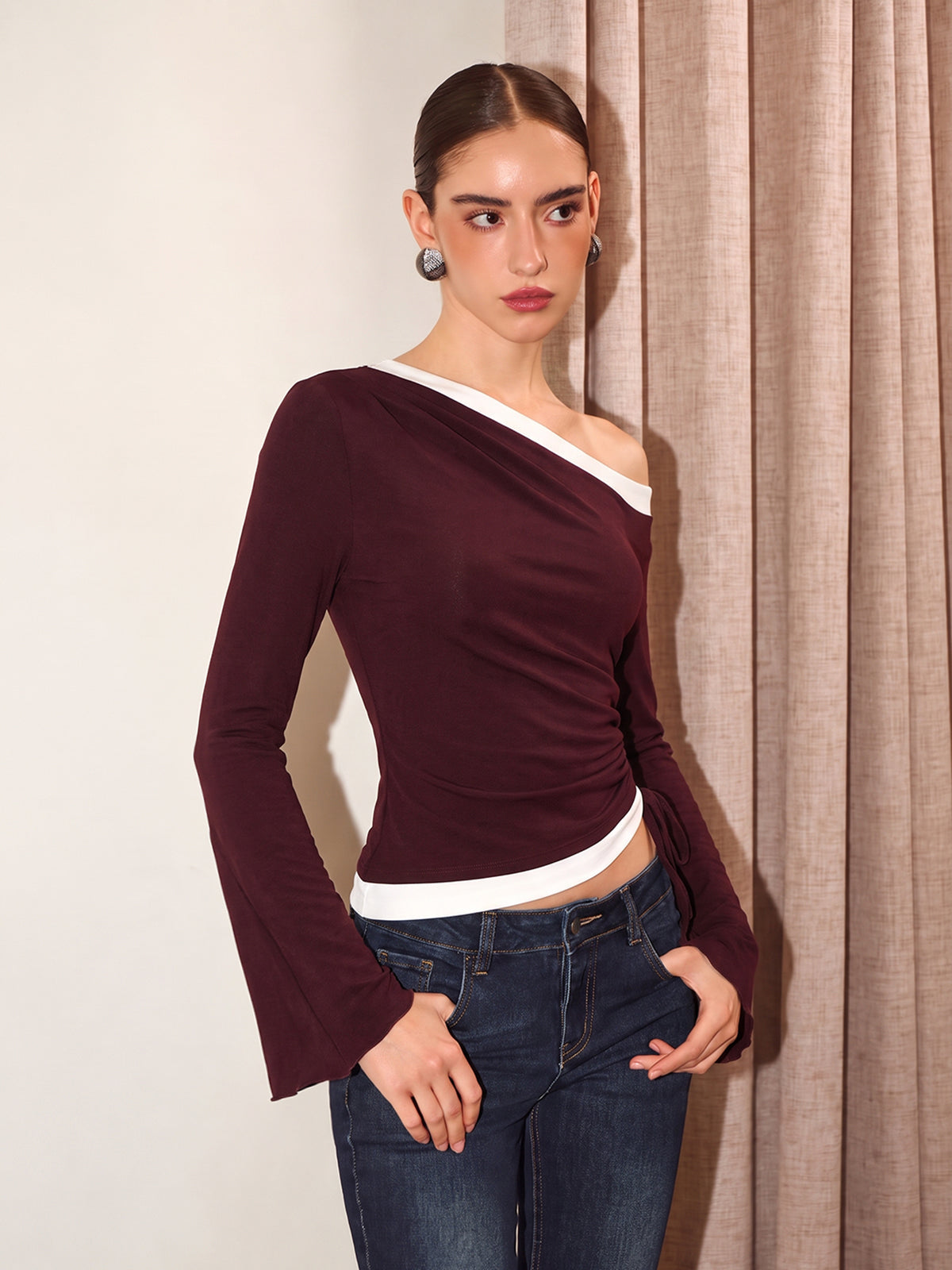 Contrast Piping One-Shoulder Ruched Top - Chocolate — Svelte Chic