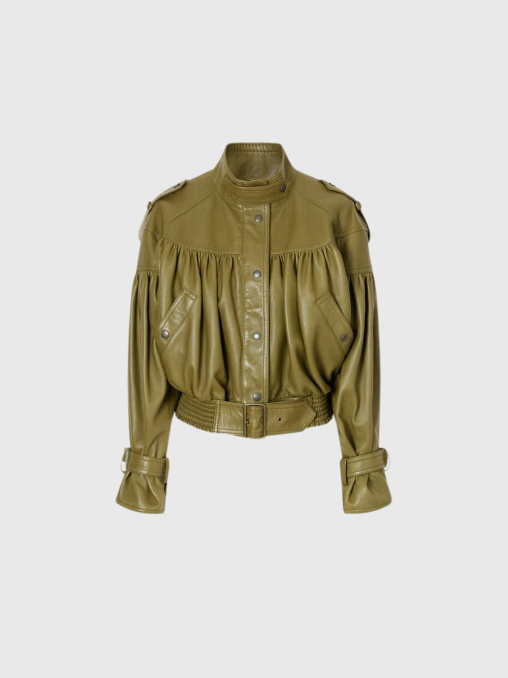Kineks Belted Ruched Faux Leather Jacket - Olive Green — Svelte Chic