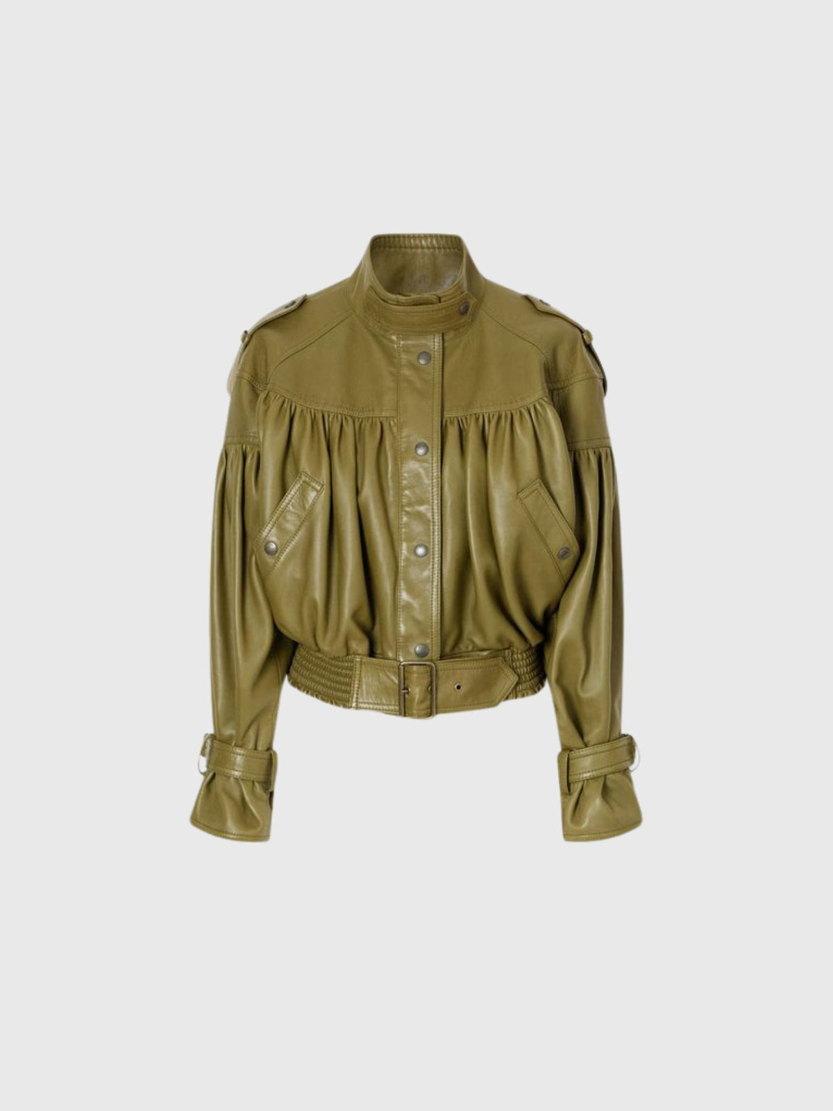 Kineks Belted Ruched Faux Leather Jacket - Olive Green — Svelte Chic