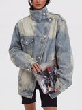 Aegle Stand Collar Asymmetric Oversized Denim Jacket - Light Blue — Svelte Chic