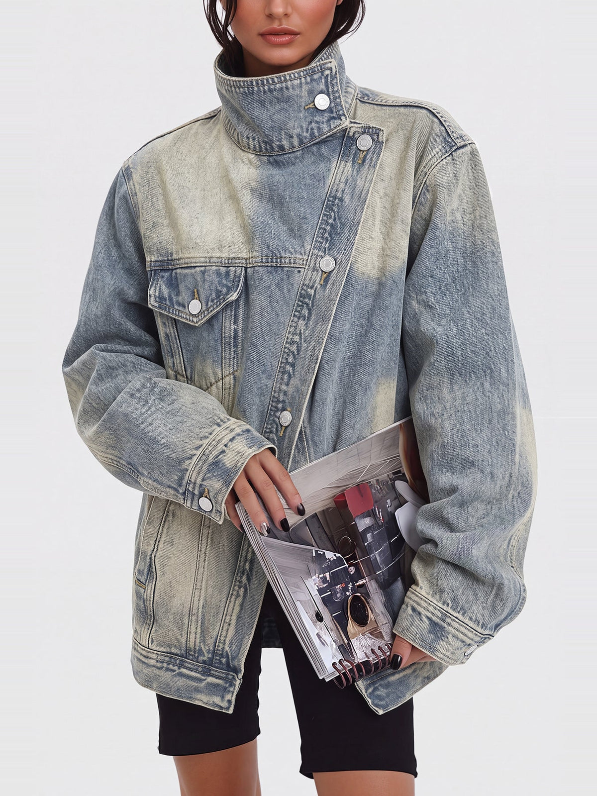 Aegle Stand Collar Asymmetric Oversized Denim Jacket - Light Blue — Svelte Chic