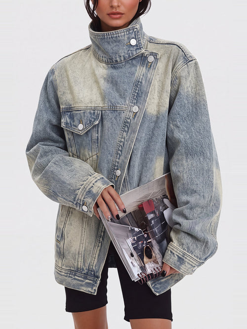 Aegle Stand Collar Asymmetric Oversized Denim Jacket - Light Blue — Svelte Chic