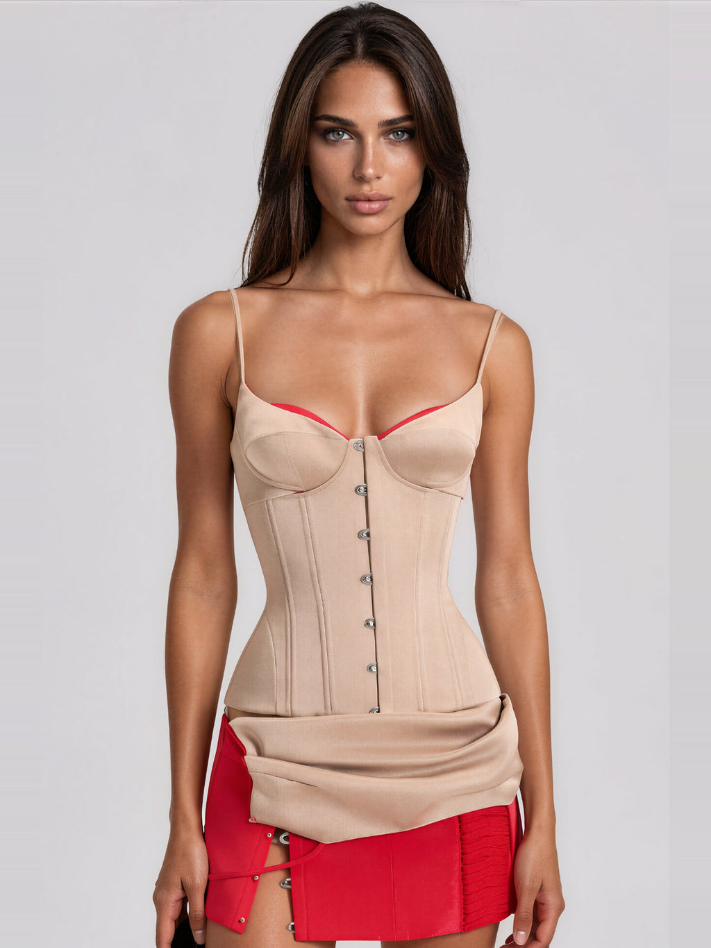 Kavi Strappy Corset and Split Mini Skirt Set - Beige and Red — Svelte Chic