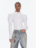 Belvedere Lace-Up Corset Puff Sleeve Shirt - White — Svelte Chic