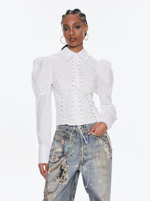 Belvedere Lace-Up Corset Puff Sleeve Shirt - White — Svelte Chic