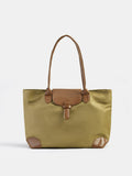 Faux Leather Trim Nylon Tote Shoulder Bag - Khaki — Svelte Chic