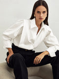Oversized Wide Collar Pleated Shoulder Cotton Shirt in White — Svelte Chic