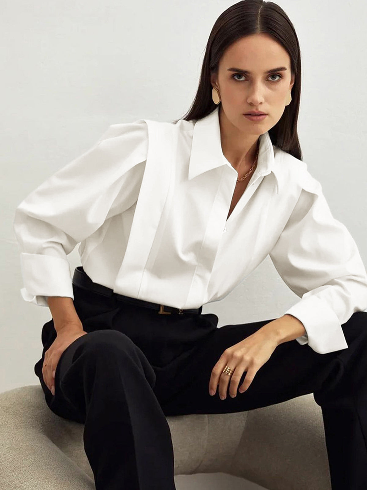 Oversized Wide Collar Pleated Shoulder Cotton Shirt in White — Svelte Chic
