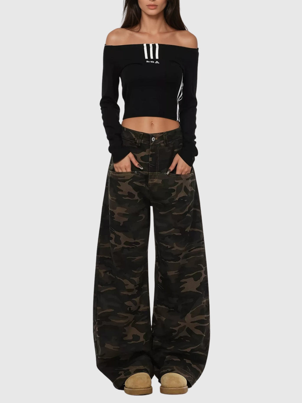 Becka Camouflage Print Curved Wide Leg Jeans - Khaki — Svelte Chic
