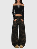 Becka Camouflage Print Curved Wide Leg Jeans - Khaki — Svelte Chic