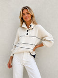 Stand Collar Button-Up Contrast Stripe Knit Sweater - White — Svelte Chic