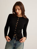 Button Down Ribbed Slim Knit Top in Black — Svelte Chic