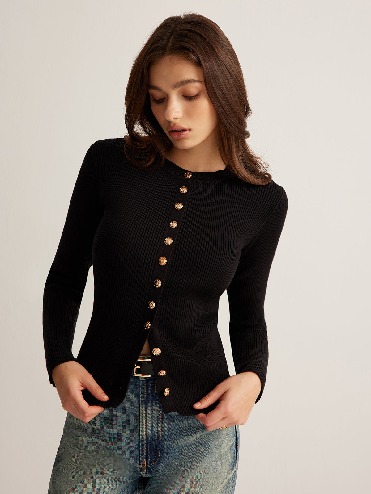 Button Down Ribbed Slim Knit Top in Black — Svelte Chic