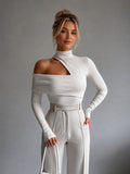 Mock Neck Asymmetric Cutout Ribbed Knit Top in White — Svelte Chic
