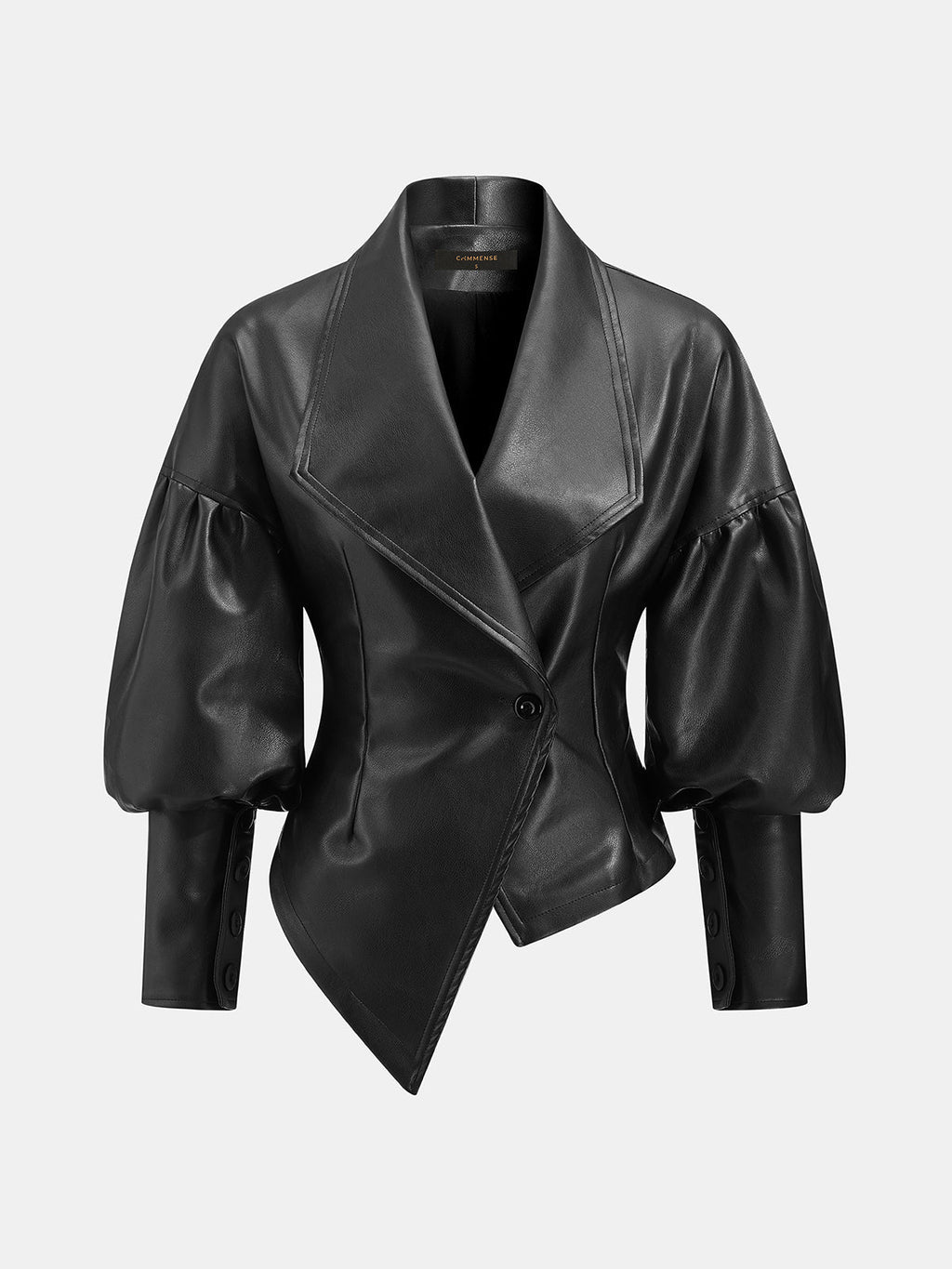 Puff Sleeve Asymmetric Faux Leather Tailored Jacket - Black — Svelte Chic