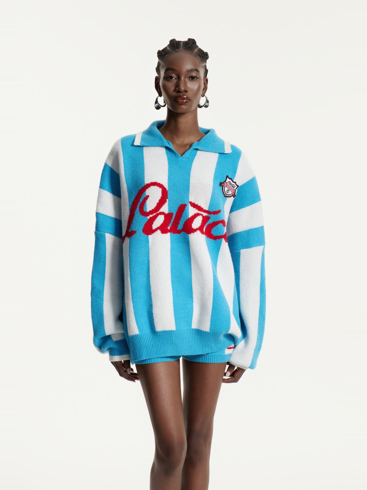 Edwena Striped Knit Polo Collar Shorts Set in Blue — Svelte Chic