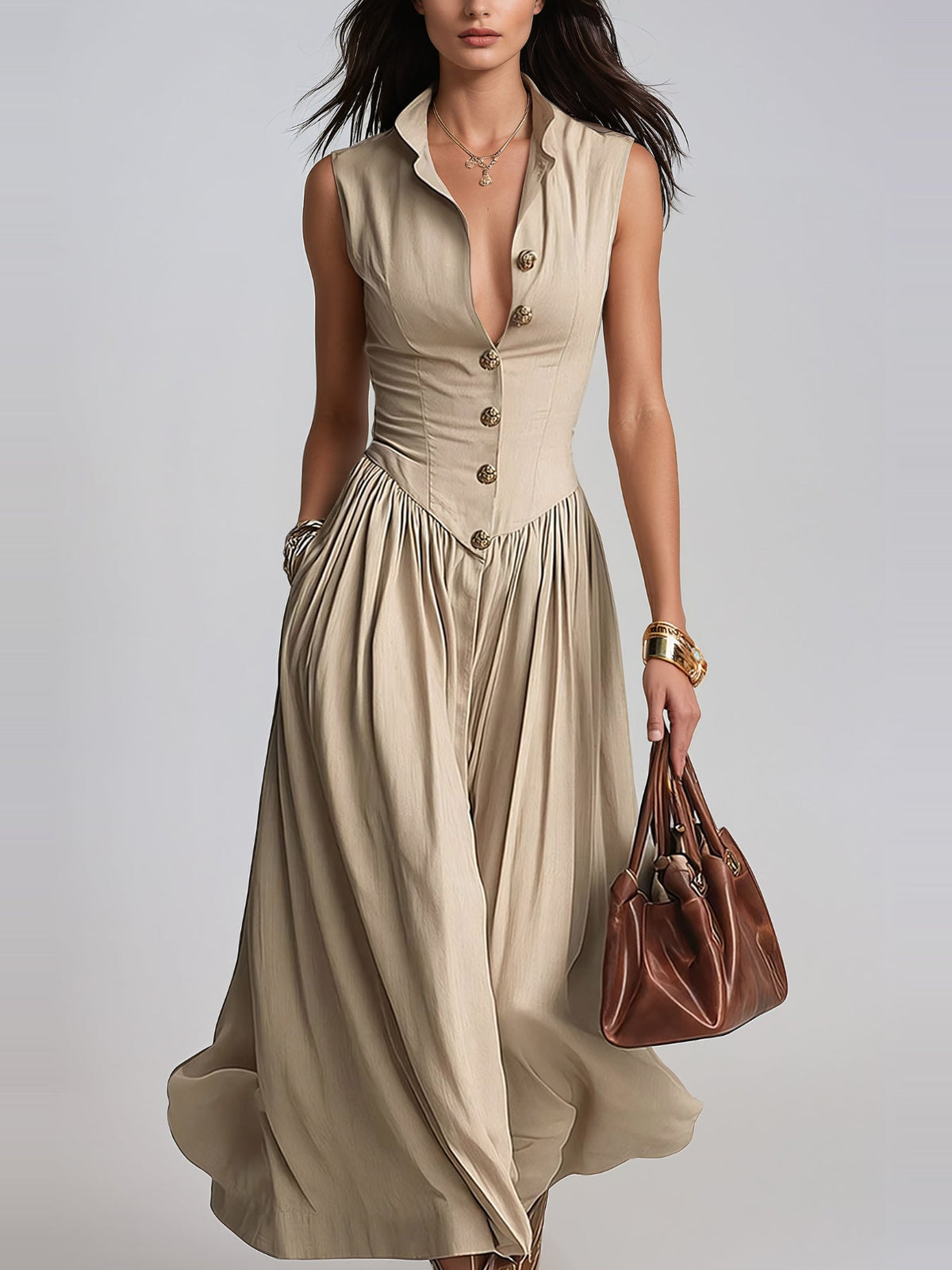 Jaanus Sleeveless Corset Waist Button Midi Dress - Beige — Svelte Chic