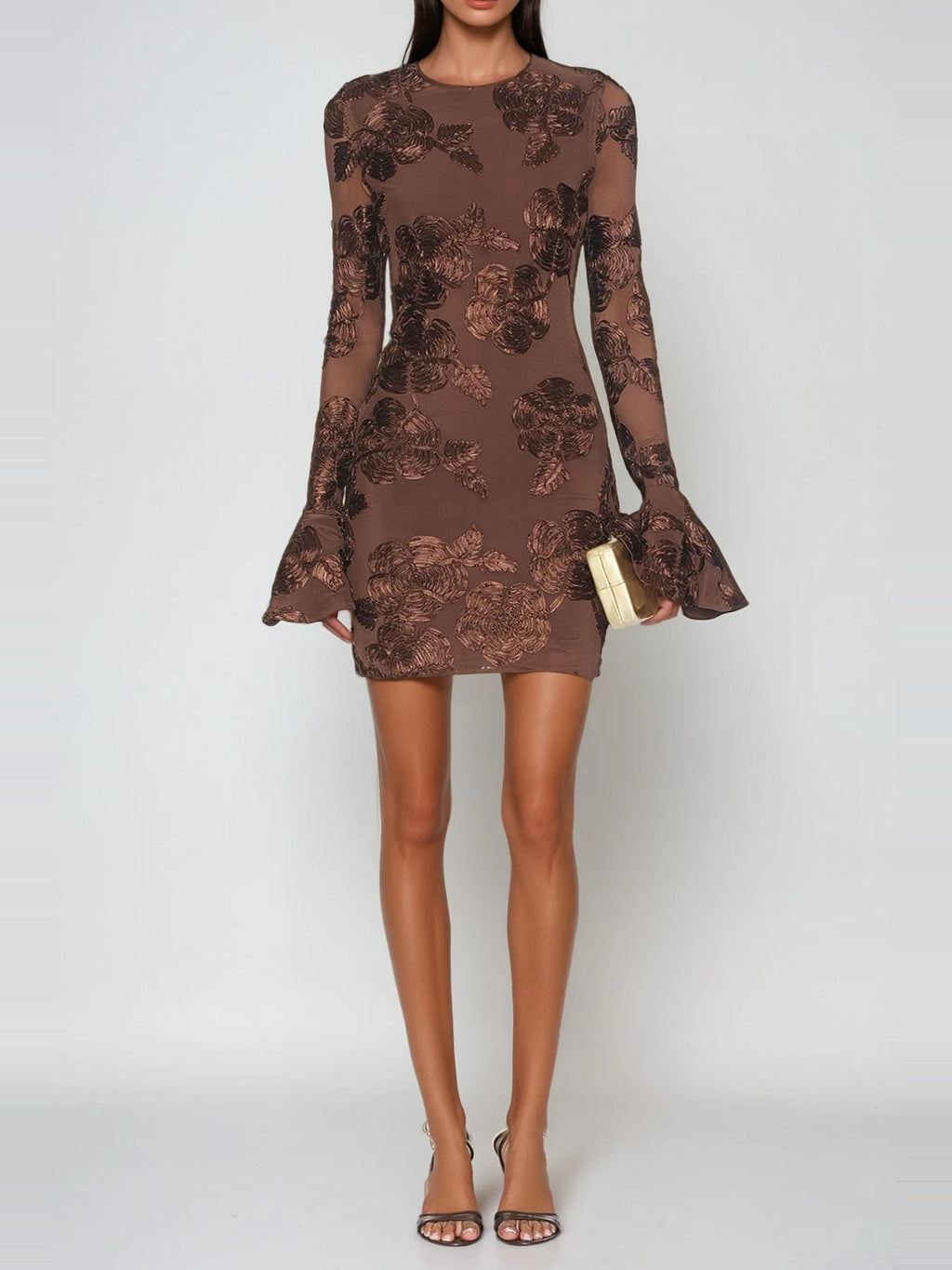 Farohildis Embroidered Floral Flute Sleeve Mesh Mini Dress — Svelte Chic