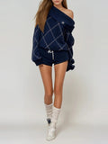 Ferdousi One Shoulder Plaid Knit Shorts Set - Navy — Svelte Chic