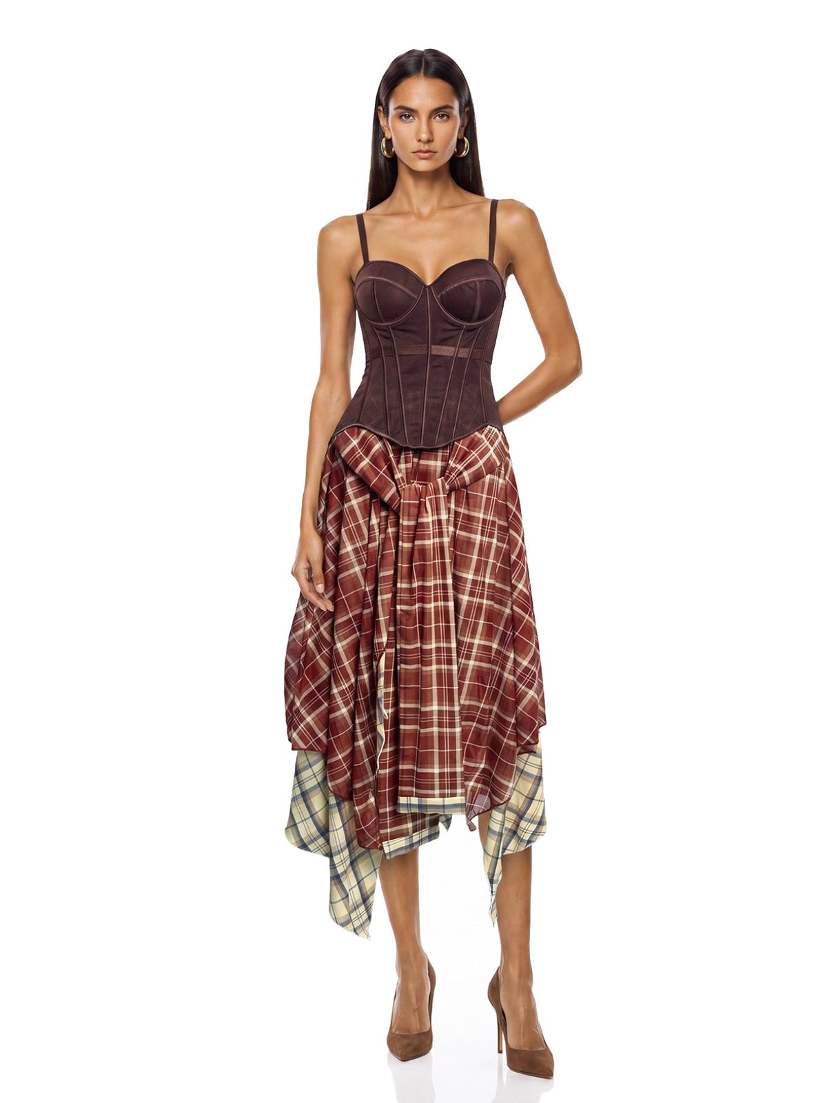 Ivanka Corset Top Checked Skirt Set - Burgundy — Svelte Chic