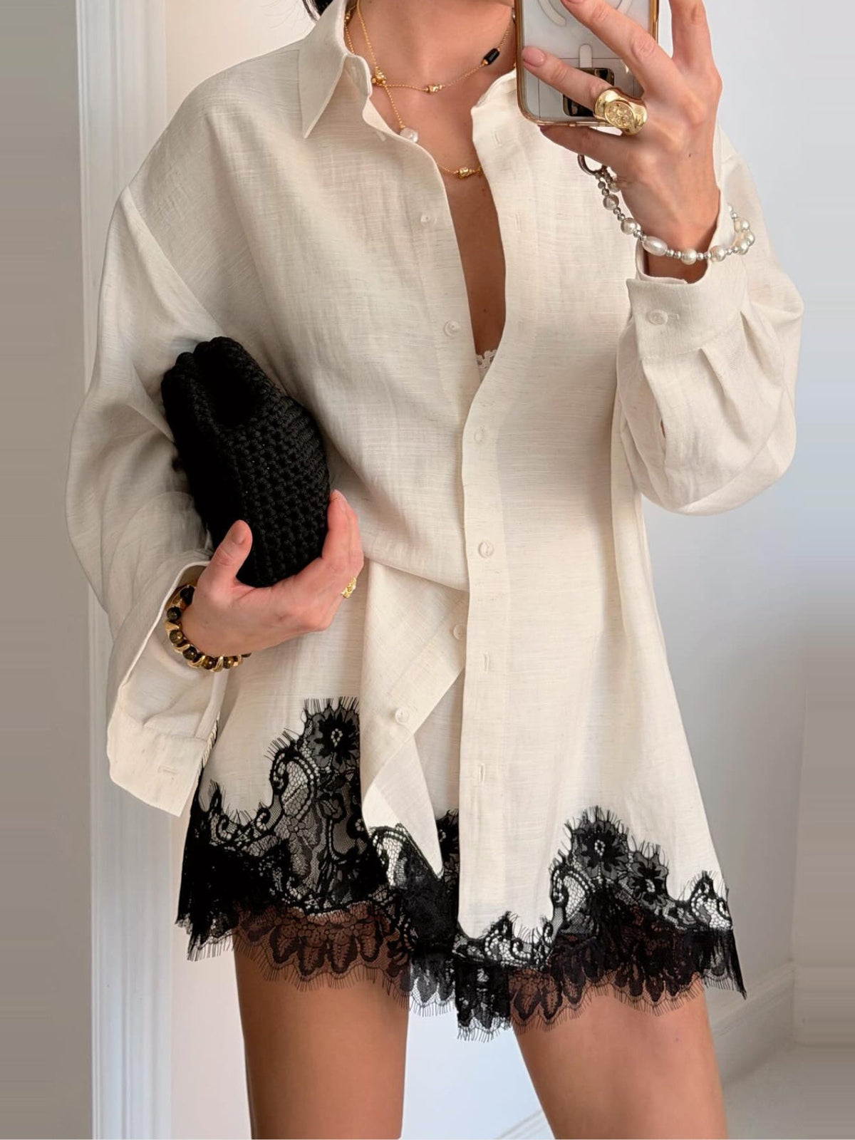 Fouzia Lace Trim Shirt and Shorts Set - White — Svelte Chic