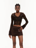 Fabiano Faux Fur Collar Lace Blouse and Mini Skirt Set - Chocolate — Svelte Chic