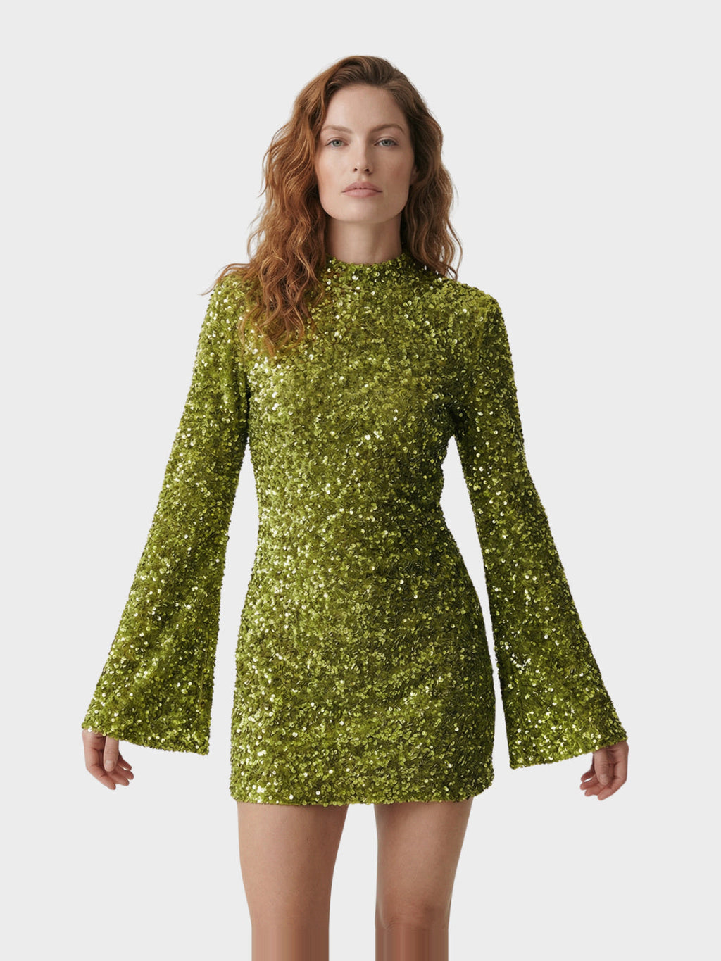 Punto Sequin Mock-Neck Long-Sleeve Mini Dress - Green — Svelte Chic