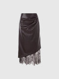 Diot Lace Detail Asymmetric Faux Leather Midi Skirt - Dark Brown — Svelte Chic