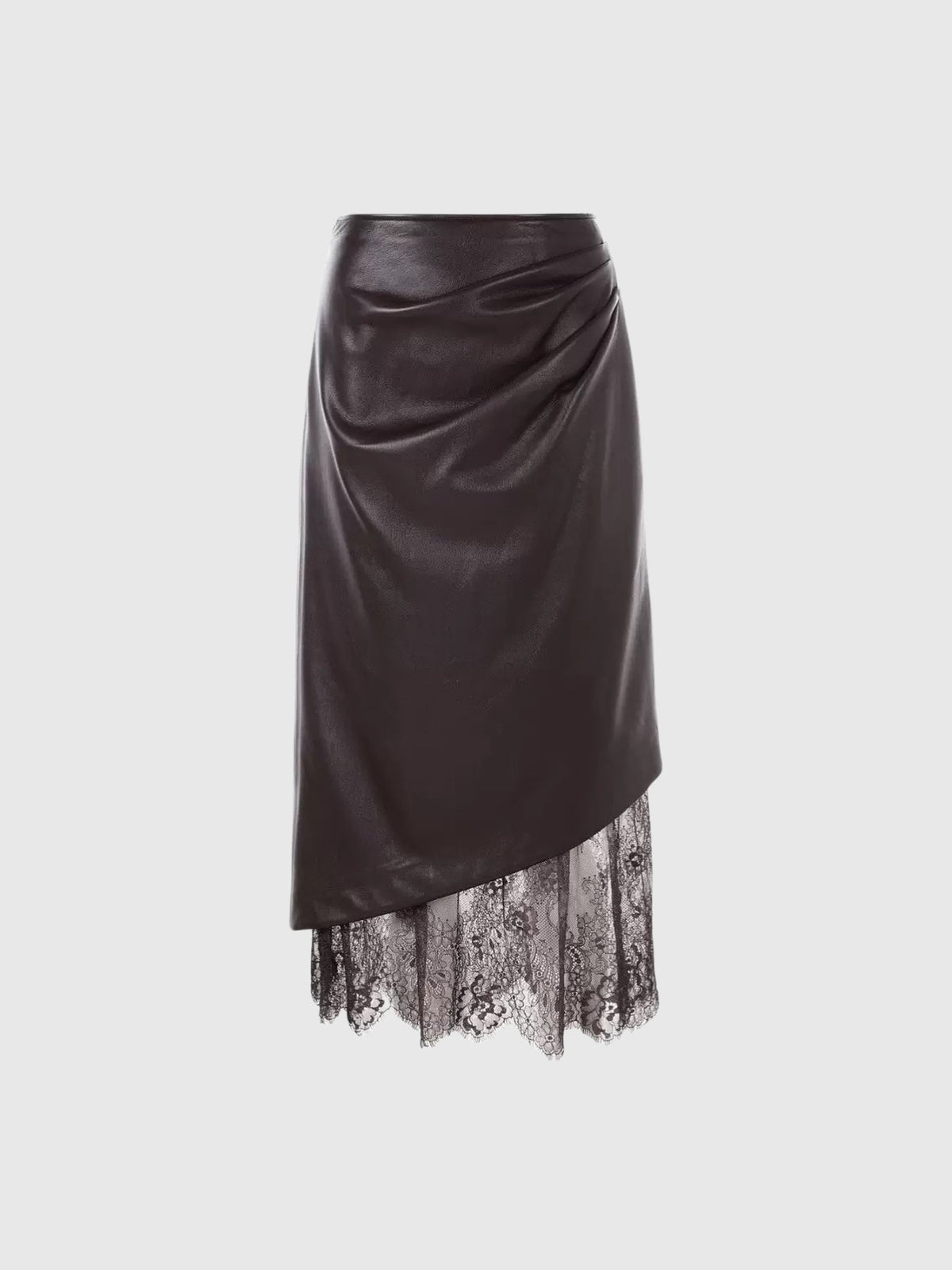 Diot Lace Detail Asymmetric Faux Leather Midi Skirt - Dark Brown — Svelte Chic