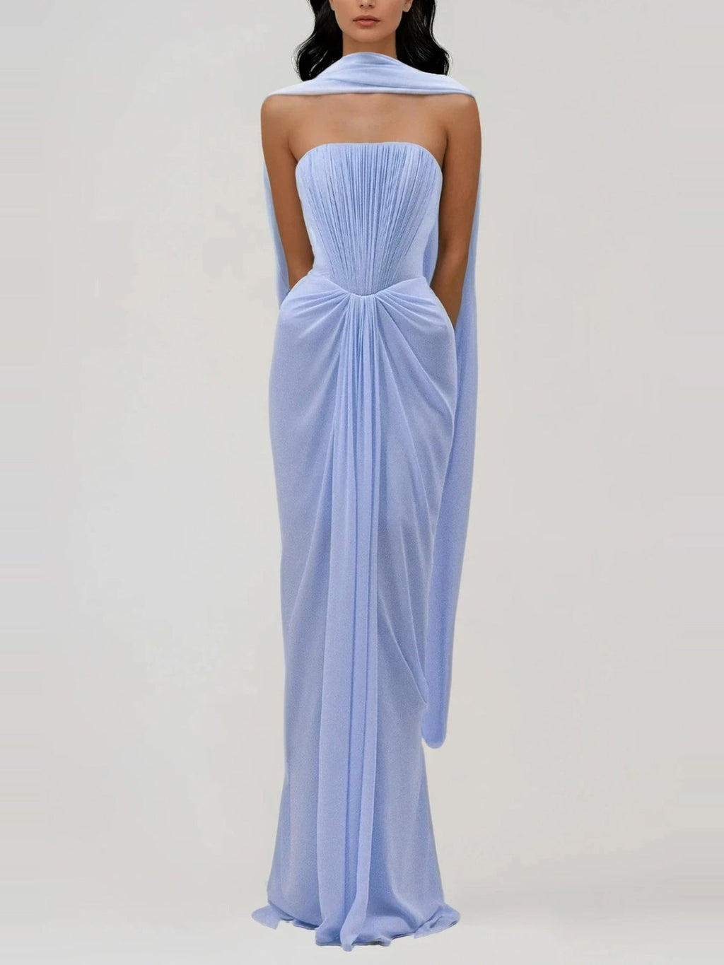Giosetta Strapless Mesh Shawl Draped Maxi Dress — Svelte Chic