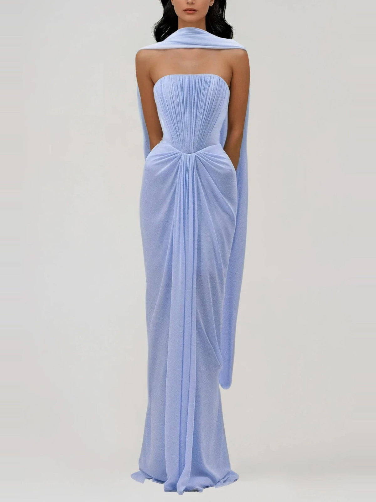 Giosetta Strapless Mesh Shawl Draped Maxi Dress — Svelte Chic