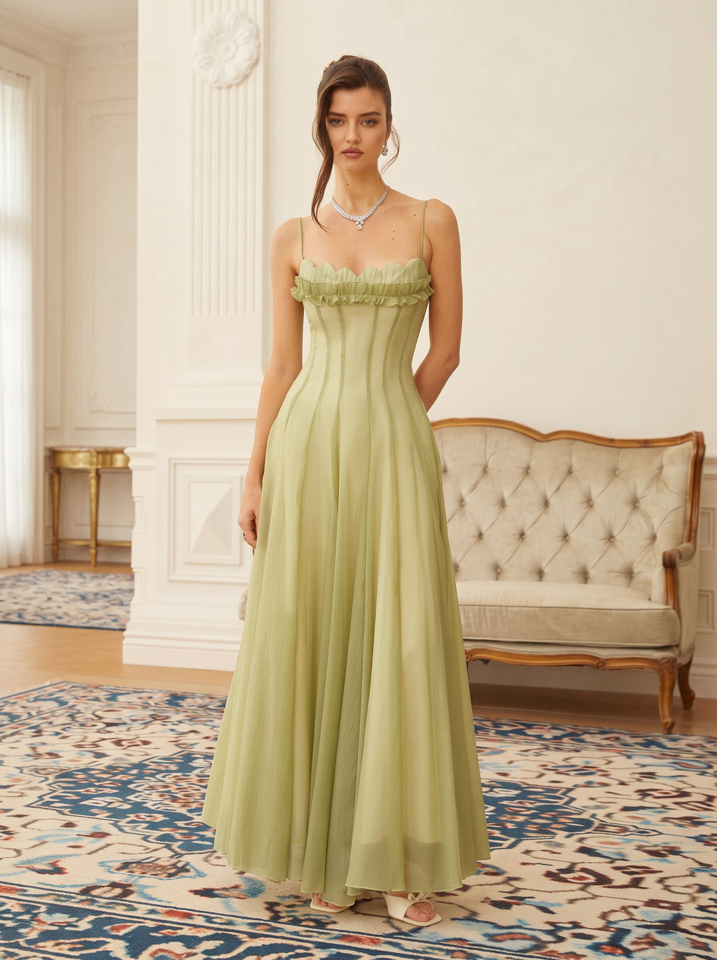 Seraphina Ruffled Tulle Maxi Dress in Pistachio — Svelte Chic