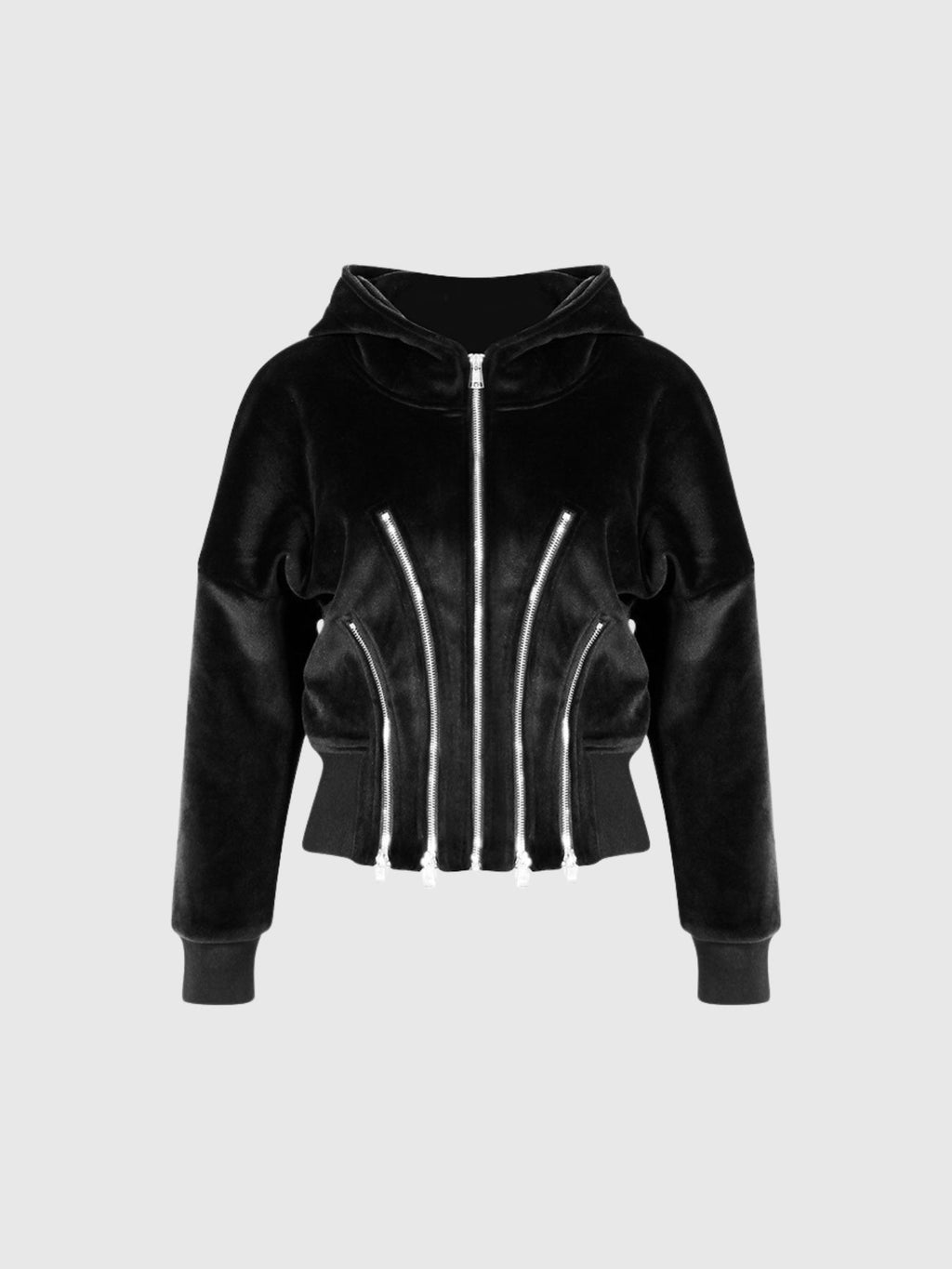 Ailpein Zip Front Hooded Velvet Top - Black — Svelte Chic