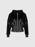 Ailpein Zip Front Hooded Velvet Top - Black — Svelte Chic