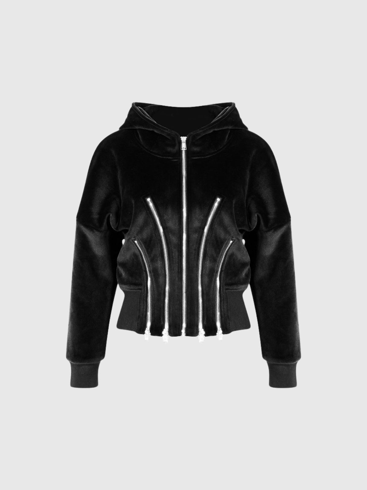 Ailpein Zip Front Hooded Velvet Top - Black — Svelte Chic