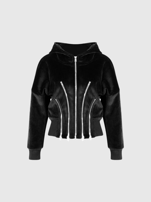Ailpein Zip Front Hooded Velvet Top - Black — Svelte Chic
