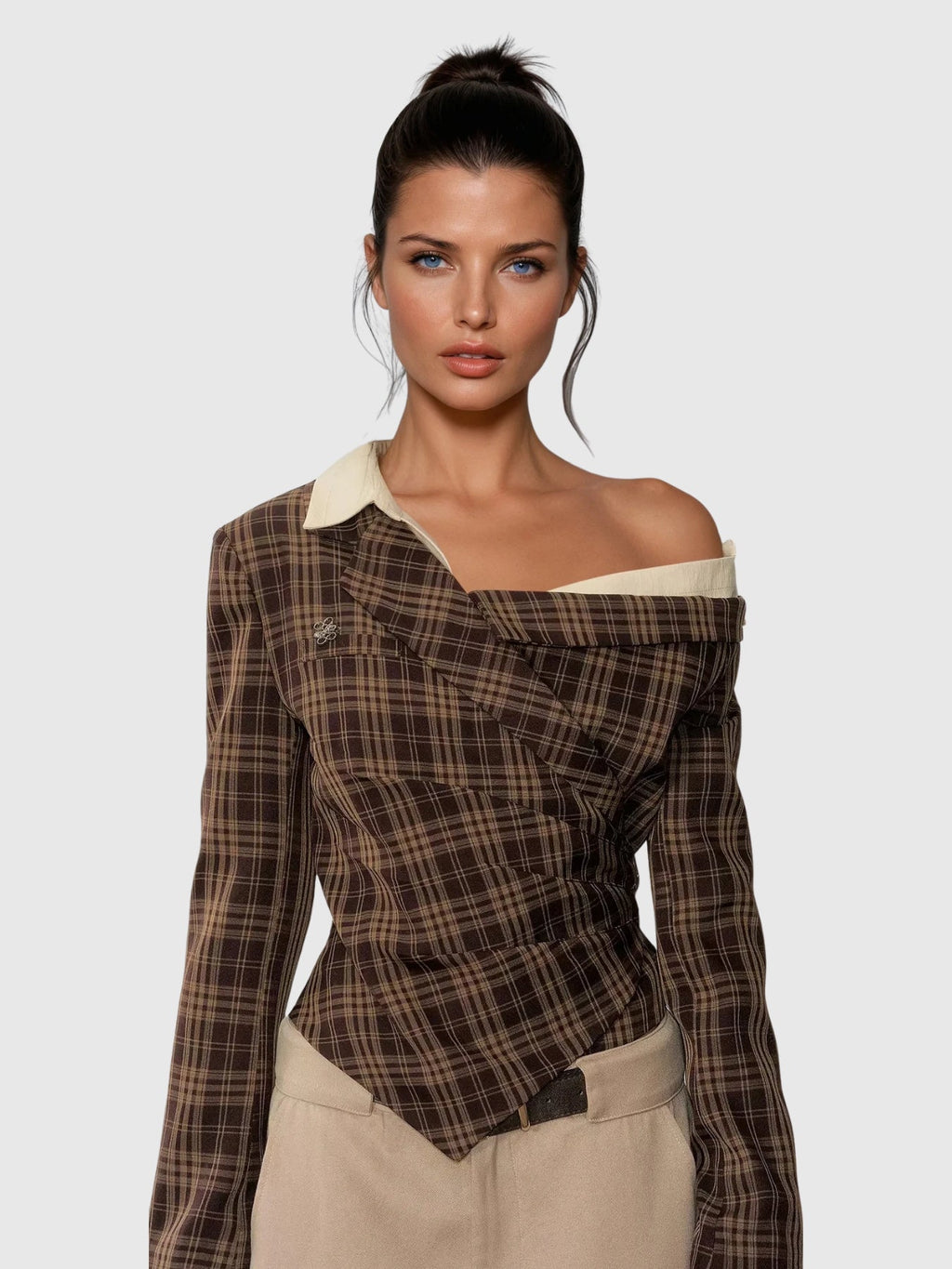 Darko Asymmetric Draped Long Sleeve Top in Brown — Svelte Chic