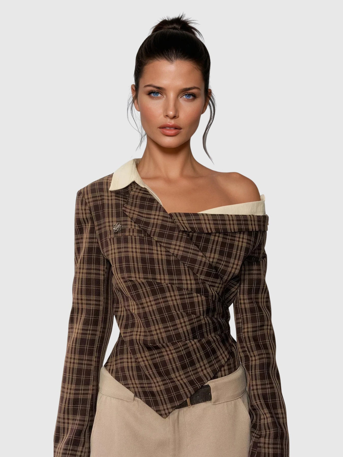 Darko Asymmetric Draped Long Sleeve Top in Brown — Svelte Chic