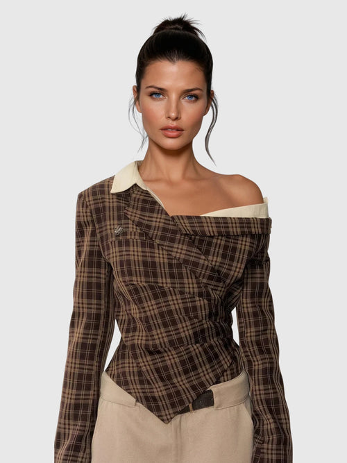 Darko Asymmetric Draped Long Sleeve Top in Brown — Svelte Chic