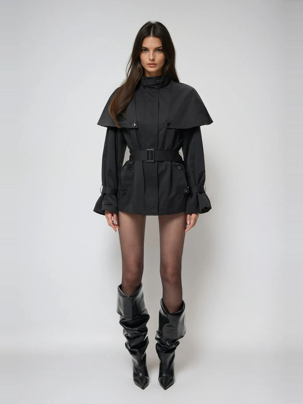 Davide Caped-Shoulder Belted Short Trench Coat - Black